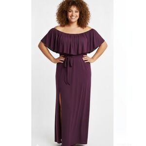 NEW PINUP FASHION Purple Off Shoulder Ruffle Maxi Dress Belt Pockets Slit XL